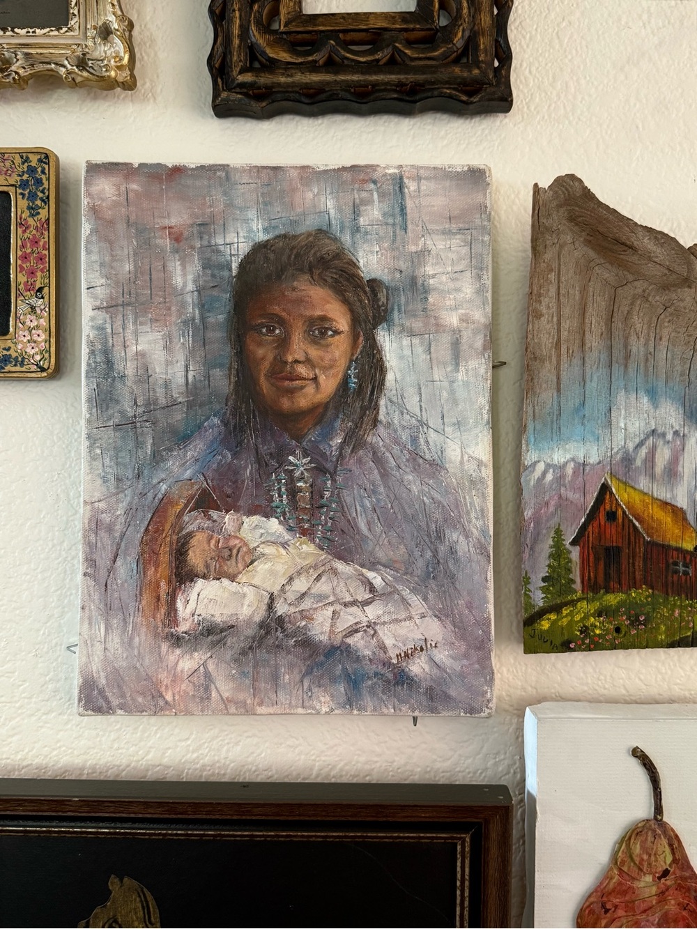 Original Signed Mother and Child Portrait in Purple, Brown and Cream